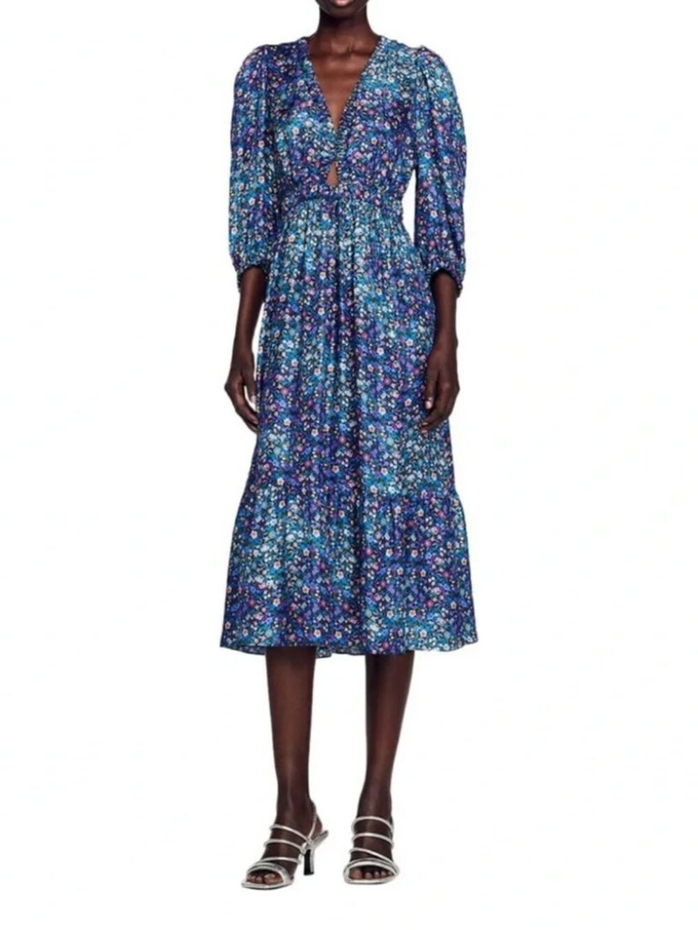 SANDRO Paris Almada Silk Midi Dress V-neck Tiered Blue floral cottagecore flowy